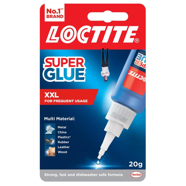 Loctite Superglue Professional 20g tube with precise nozzle, ideal for heavy-duty bonding of various materials, water-resistant and transparent.