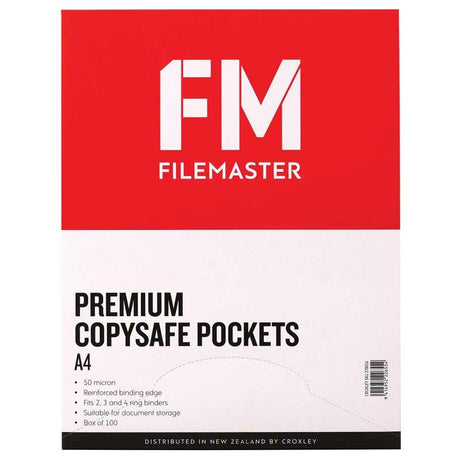 A box of 100 A4 clear plastic pockets with a frosted finish for organizing and protecting documents in ring binders.