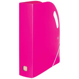 FM Premium Expanding Magazine File in Shocking Pink, featuring 13 expandable pockets and handles for easy transport.