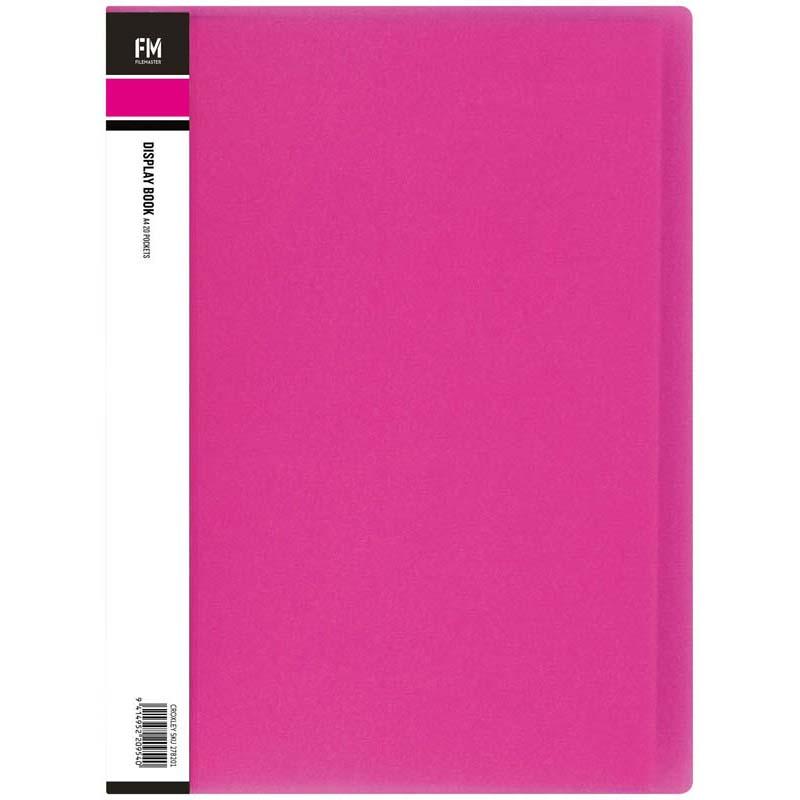 Vibrant A4 display book in Shocking Pink with 20 secure pockets for organizing and showcasing documents stylishly.