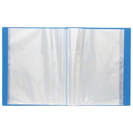 A4 blue display book with 60 clear polypropylene pockets for organizing and showcasing documents securely.