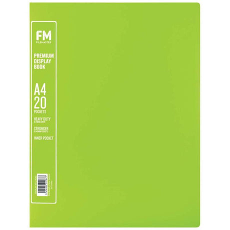 Lime green A4 display book with 20 durable pockets for secure document presentation and organization.