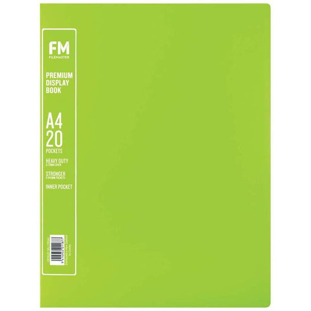 Lime green A4 display book with 20 durable pockets for secure document presentation and organization.