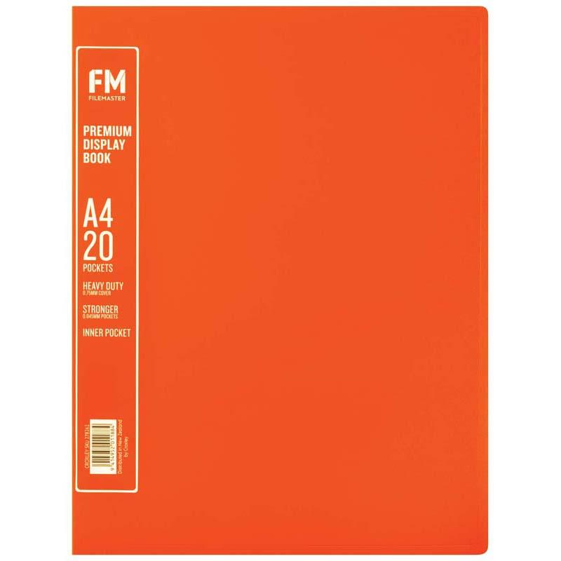 FM A4 Premium Display Book in Burnt Orange with 20 clear pockets, ideal for organizing and showcasing documents professionally.