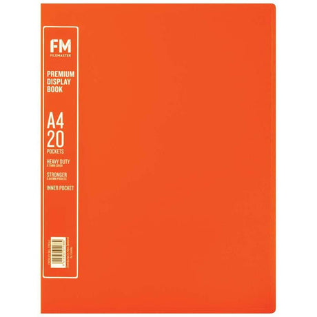 FM A4 Premium Display Book in Burnt Orange with 20 clear pockets, ideal for organizing and showcasing documents professionally.