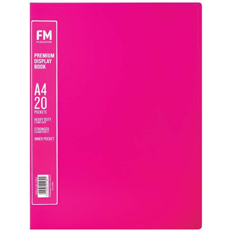 FM A4 Premium Display Book in shocking pink, holding 20 A4 pockets for secure document presentation and protection.