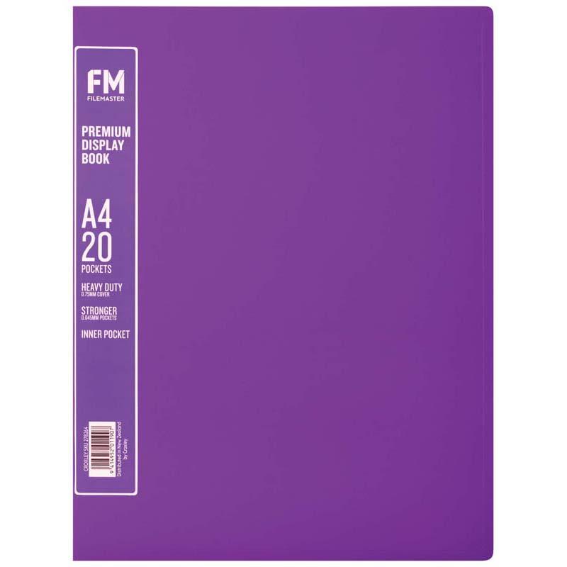 FM A4 Premium Display Book in Passion Purple with 20 durable pockets for secure document presentation and organization.