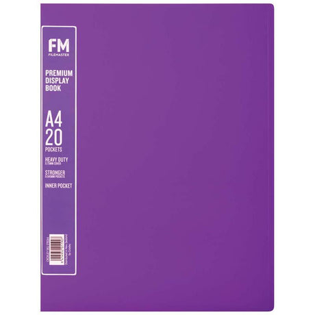 FM A4 Premium Display Book in Passion Purple with 20 durable pockets for secure document presentation and organization.