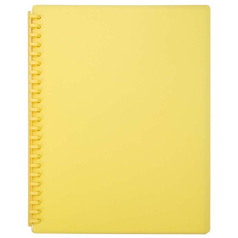 A4 yellow refillable display book with 20 pockets for organized documents, made from durable polypropylene.