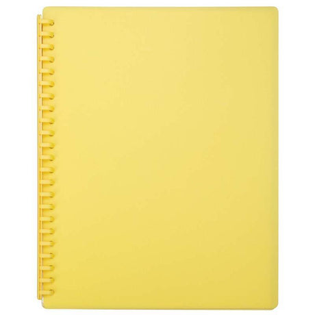 A4 yellow refillable display book with 20 pockets for organized documents, made from durable polypropylene.
