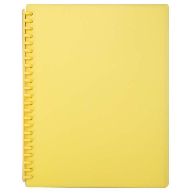 A4 yellow refillable display book with 20 pockets for organized documents, made from durable polypropylene.