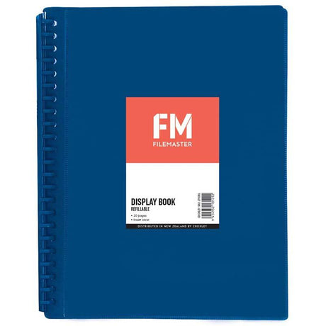 A4 blue display book with 20 refillable transparent pockets and custom clear cover for organized document storage.