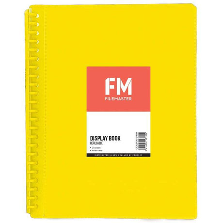 FM Display Book with yellow cover, 20 refillable pockets, ideal for organizing documents and presentations.