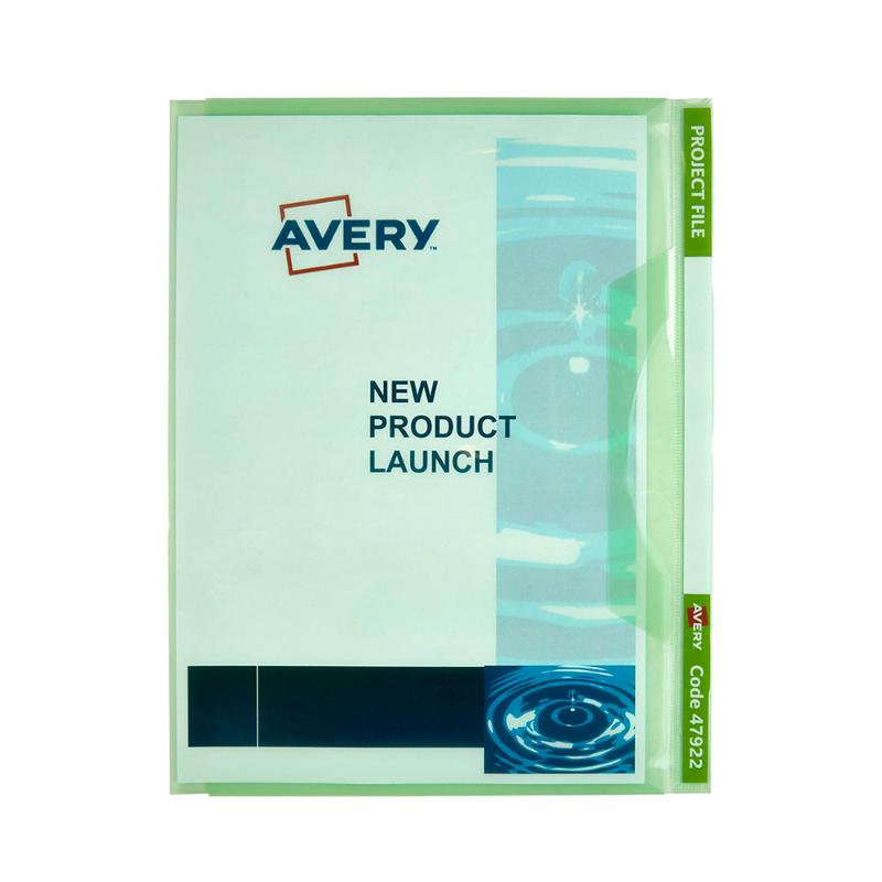 Avery Project File A4 Green, durable polypropylene holder for up to 20 sheets, includes color-coded strip for easy organization.