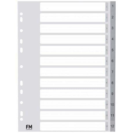 Grey A4 polypropylene index file with 1-12 sections, waterproof and durable for organized document management.