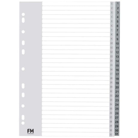 FM Indices A4 1-31 in grey polypropylene, waterproof design for durable and organized document management.