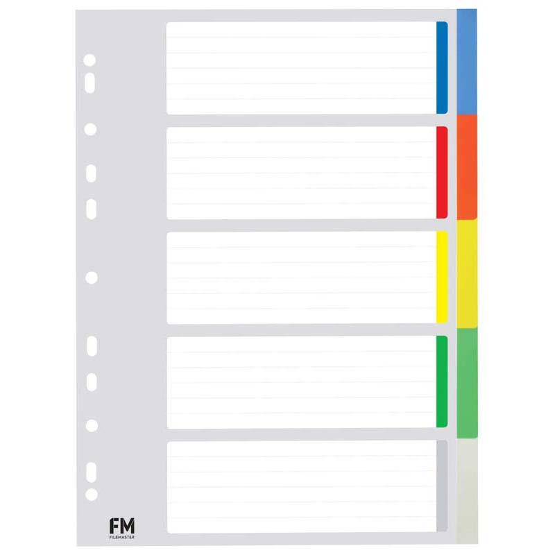 A4 polyprop dividers with 5 vibrant, color-coded tabs for efficient document organization and easy access.