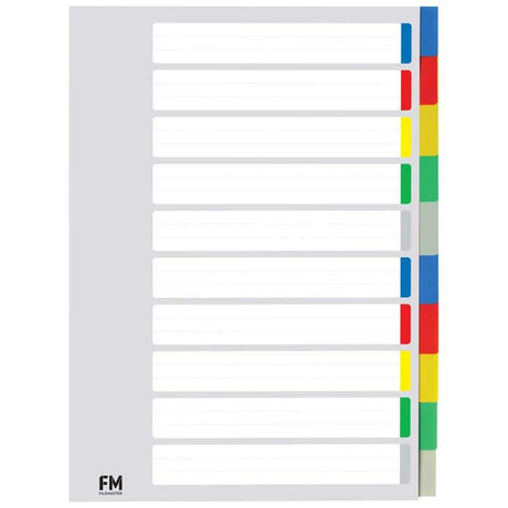 Colorful A4 dividers with 10 tabs made from durable, waterproof polypropylene for effective organization at home or office.