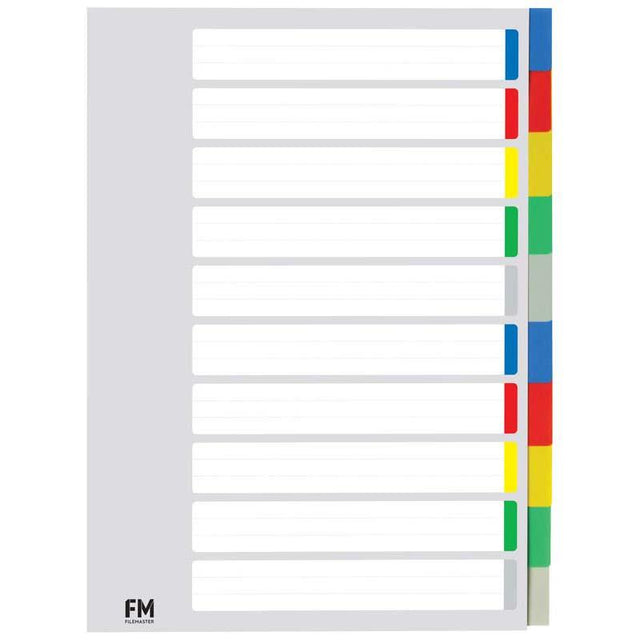 Colorful A4 dividers with 10 tabs made from durable, waterproof polypropylene for effective organization at home or office.
