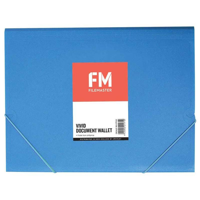 A4 document wallet in vivid ice blue, made of durable polypropylene with elastic band closure for secure file organization.