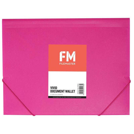 Vivid Shocking Pink A4 document wallet with elastic band closure, made of durable polypropylene for stylish organization.