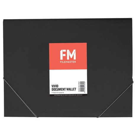 FM Document Wallet in Cat Black A4, made of durable polypropylene, features elastic closure for secure document organization.