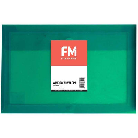 Reusable green polypropylene envelope with Velcro closure, perfect for organizing documents and notes efficiently.