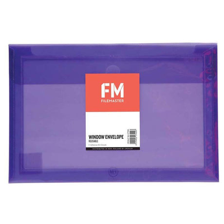 Reusable purple polypropylene envelope with Velcro closure, perfect for organizing foolscap documents and notes.