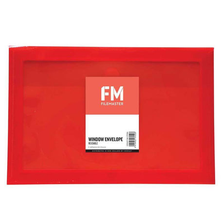 Reusable red polypropylene envelope with Velcro closure, perfect for organizing documents and everyday essentials.