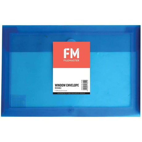 Blue reusable polyprop envelope with Velcro closure, ideal for organizing foolscap documents at home or office.