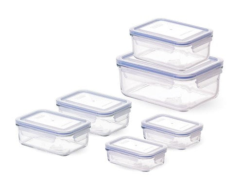 Set of 6 durable tempered glass food containers with airtight lids, perfect for meal prep and eco-friendly storage.