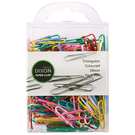 Dixon 28mm tri-colour paper clips in a pack of 200, ideal for organizing documents with style and durability.