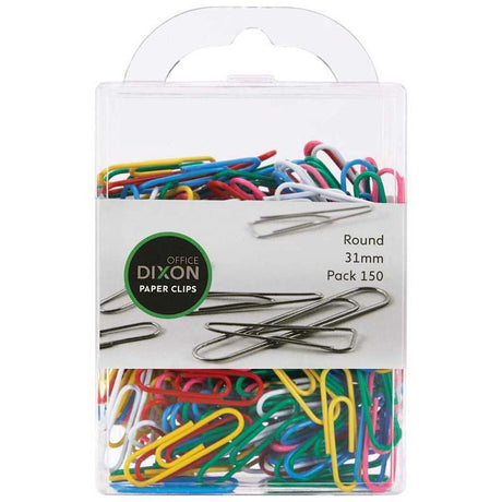 Vibrant Dixon 31mm round paper clips in assorted colors for stylishly organizing documents, pack of 150.