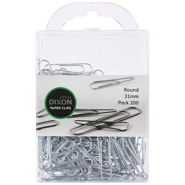 Dixon 31mm round silver paper clips pack of 200 for effective document organization and secure fastening.