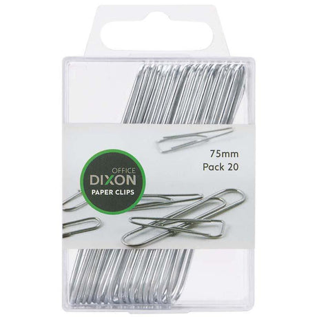 Dixon 75mm silver paper clips, pack of 20, perfect for organizing documents with durability and a professional finish.