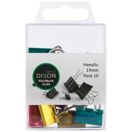 Dixon 19mm metallic foldback clips pack of 10, featuring durable plastic and metal, ideal for stylish document organization.