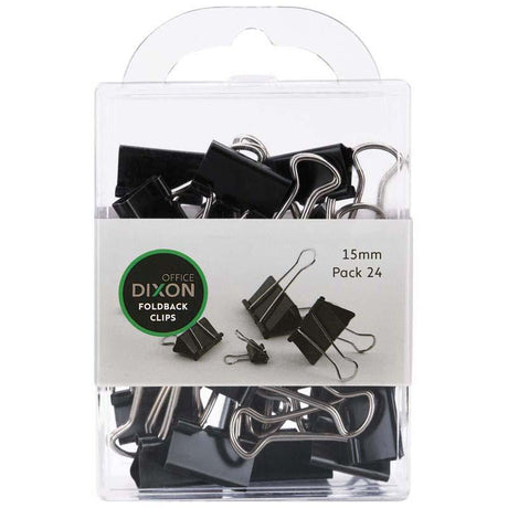 Dixon Foldback Clips 15mm pack of 24 in silver for secure, damage-free document organization; flip handles for compact storage.