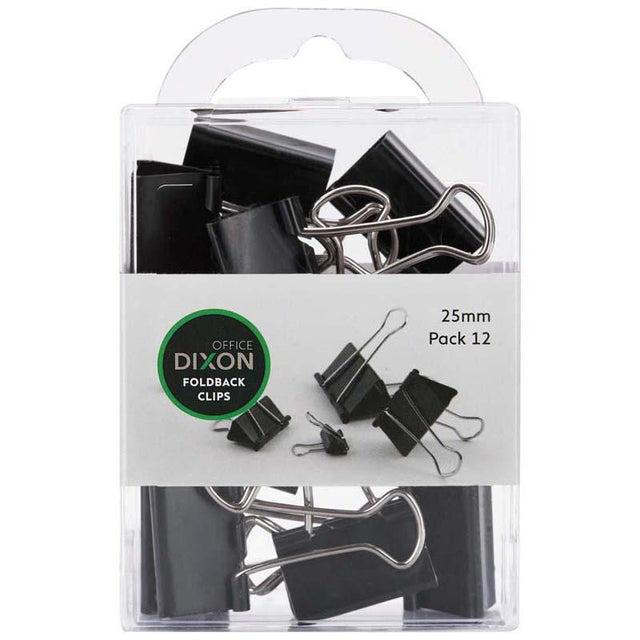 Dixon Foldback Clips 25mm in a pack of 12, ideal for organizing documents with a foldable design for easy storage.