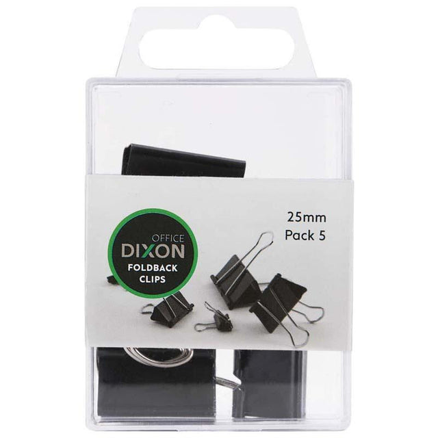 Silver Dixon Foldback Clips 25mm pack of 5, featuring flip handles for secure grip and compact storage, ideal for document organization.