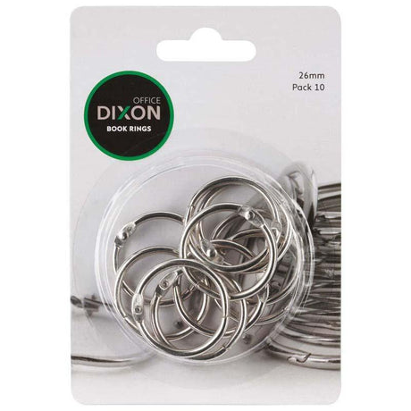 Dixon Book Rings 26mm 10 Pack, durable silver metal rings for secure document binding and organization, ideal for various uses.