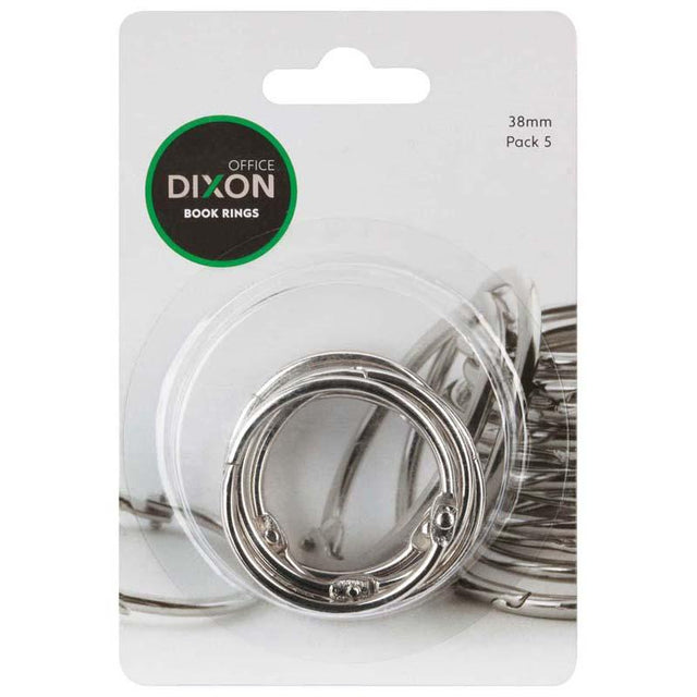 Dixon Book Rings 38mm pack of 5, durable chrome-plated metal rings for organizing documents and crafts.