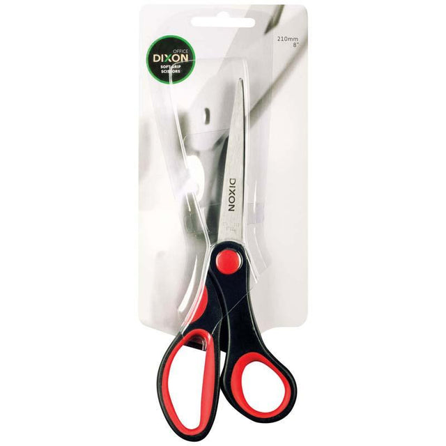 Dixon 8-inch scissors with soft grip handles in black and red, designed for comfort and precision cutting of lightweight materials.