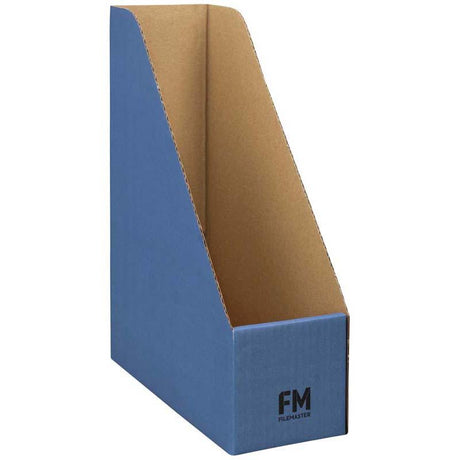 FM Magazine File No5 in blue, featuring sloping sides for easy access, perfect for organizing magazines and brochures.