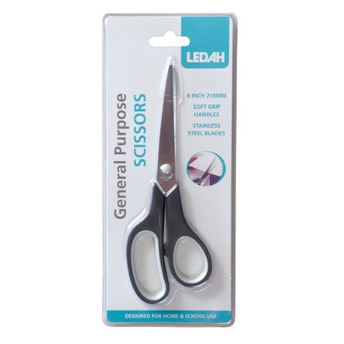 Black Ledah General Purpose Scissors, 210mm, with stainless steel blades and soft grip handles for comfortable, precise cutting.