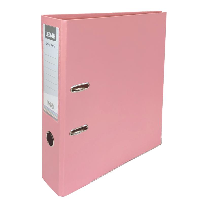 Pink A4 lever arch binder with linen texture, 75mm spine for 375 sheets, stylishly organizes documents.