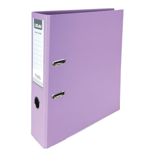 Purple A4 Lever Arch Binder with linen texture, locking mechanism, and capacity for 375 sheets, stylishly organized.