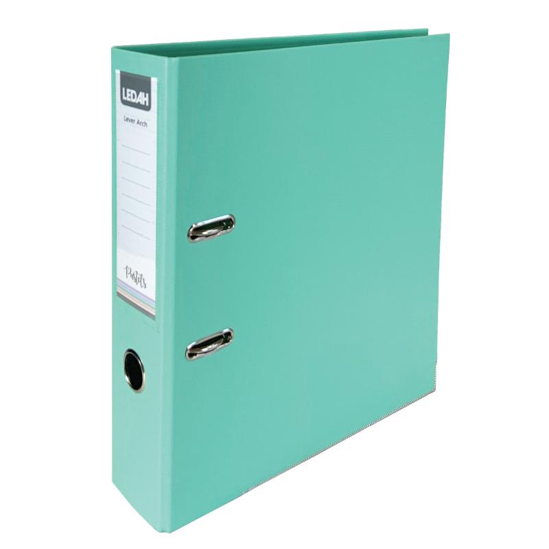 Green Ledah Pastels A4 Lever Arch Binder, crafted from durable linen textured polypropylene, holds up to 375 sheets stylishly.