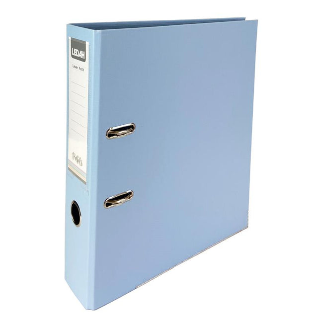 Ledah Pastels Blue A4 Lever Arch Binder with linen texture, 75mm spine, holds 375 sheets, ideal for stylish organization.