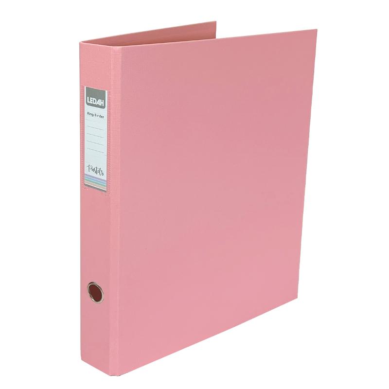 Chic pink A4 ring binder with durable linen texture, holds 200 sheets, perfect for stylish organization at school or work.