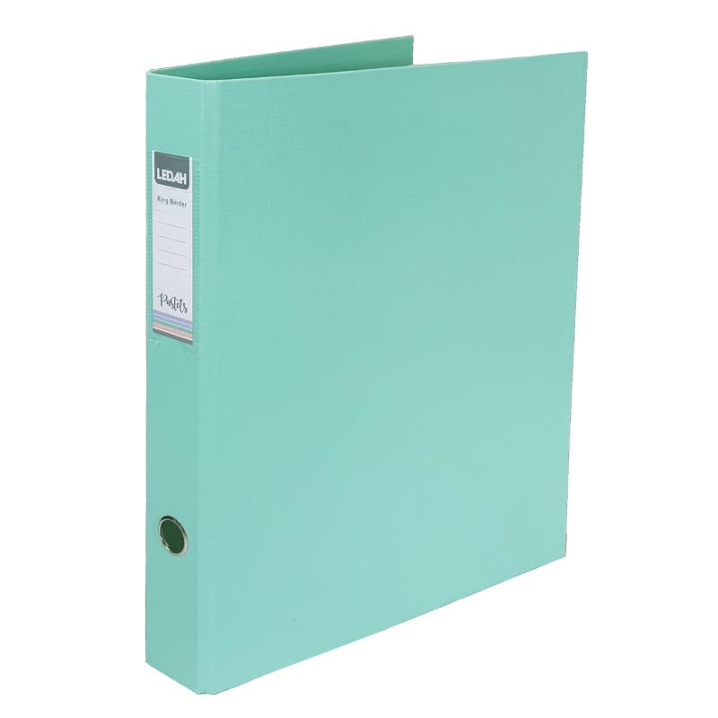 Green Ledah Pastels A4 ring binder, linen-textured, 25mm spine, holds 200 sheets, stylish office organization solution.